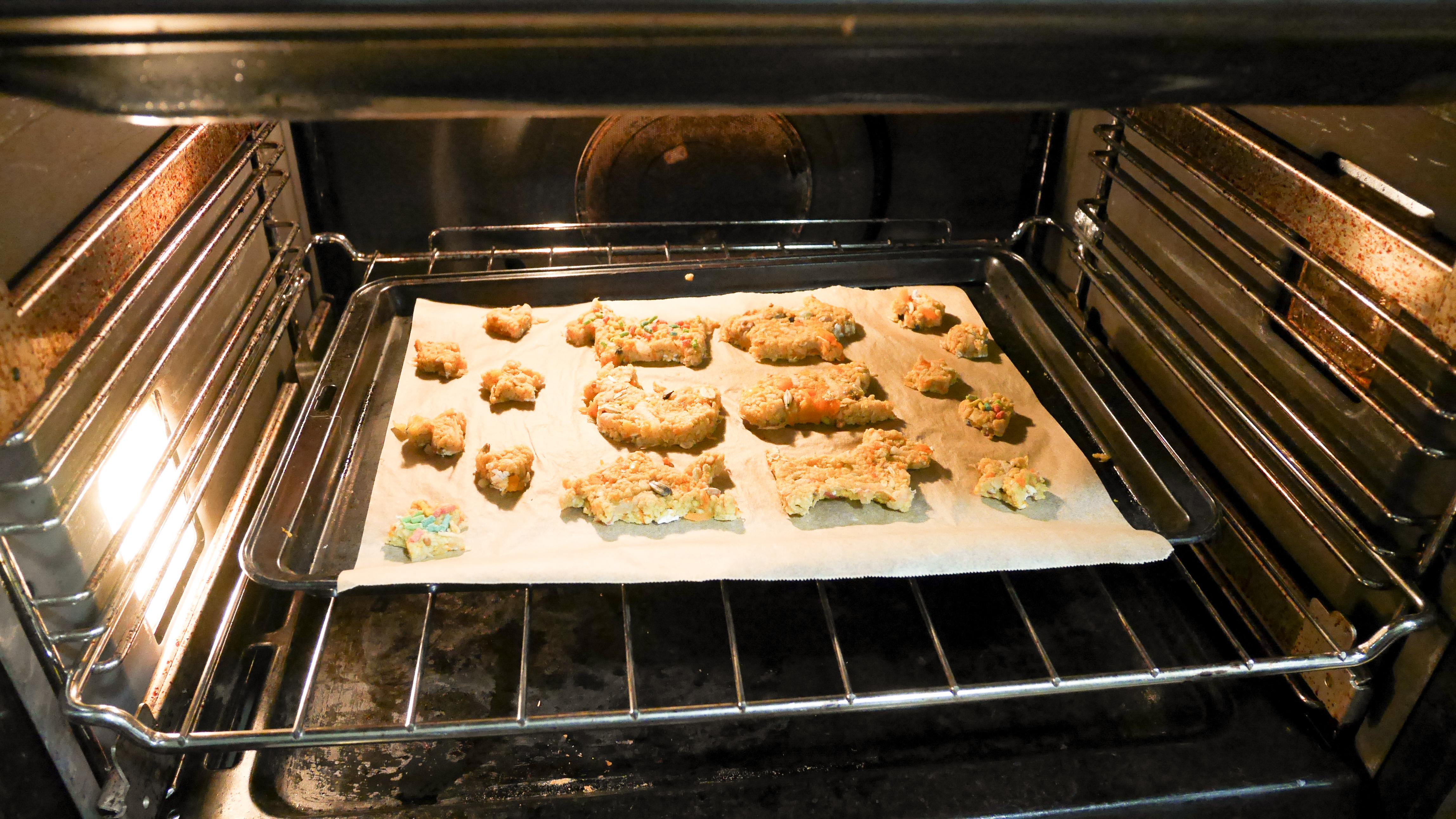 Parrot cookies baking in the oven 