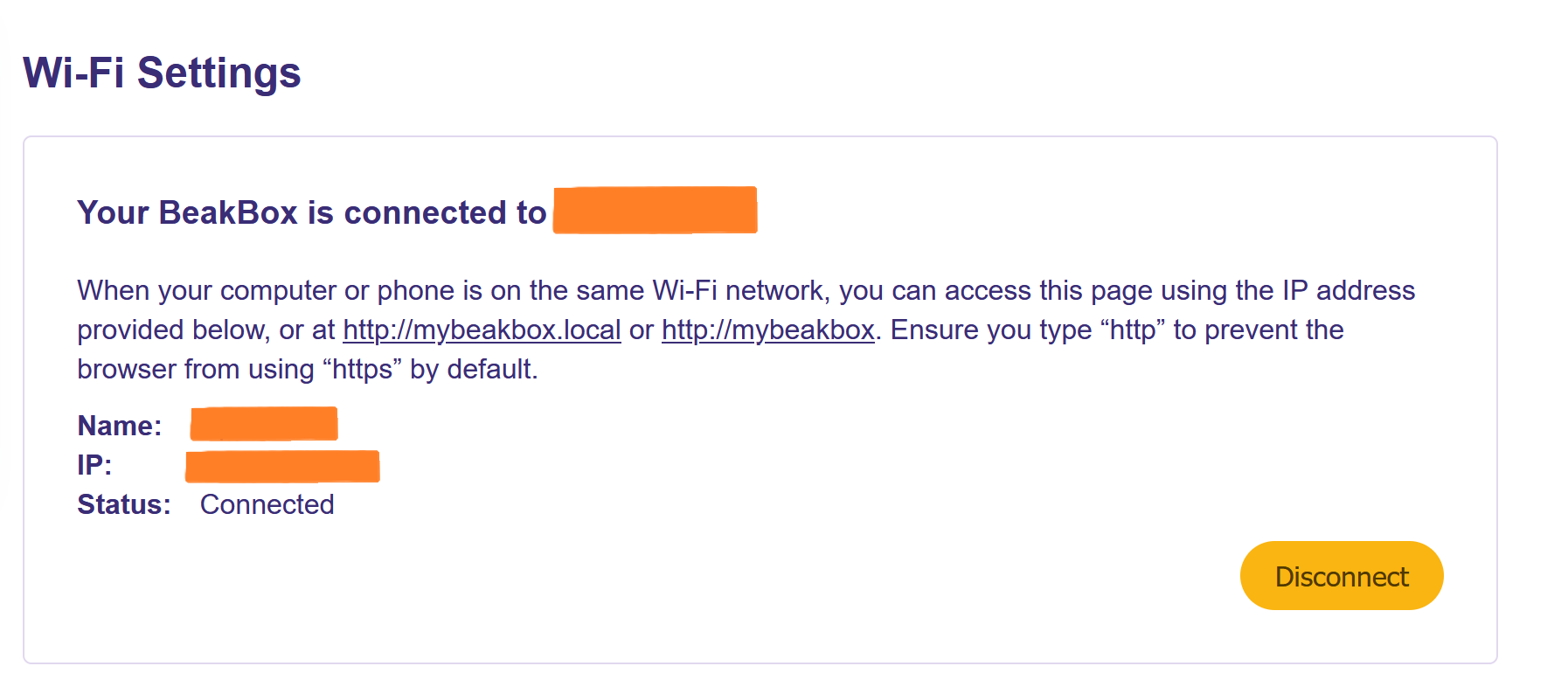 Wi-Fi settings modal showing the success message for the BeakBox connection